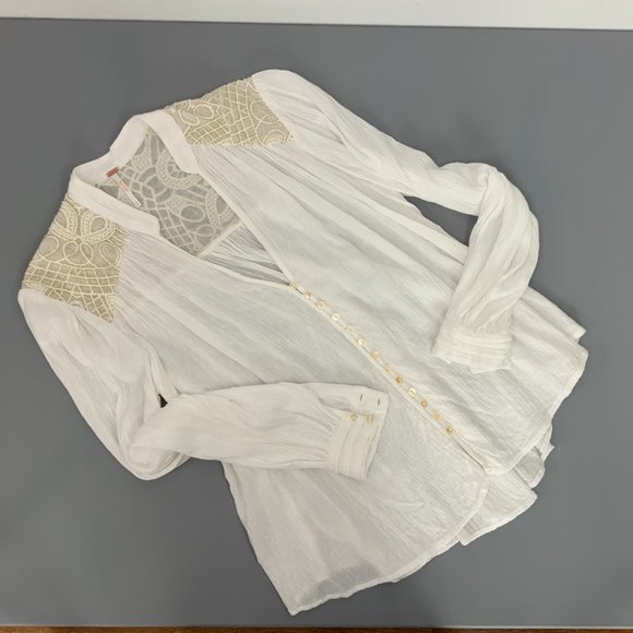 Free People Boho Canyon Rose White Long Sleeve Blouse Top Sz S - Picture 2 of 16